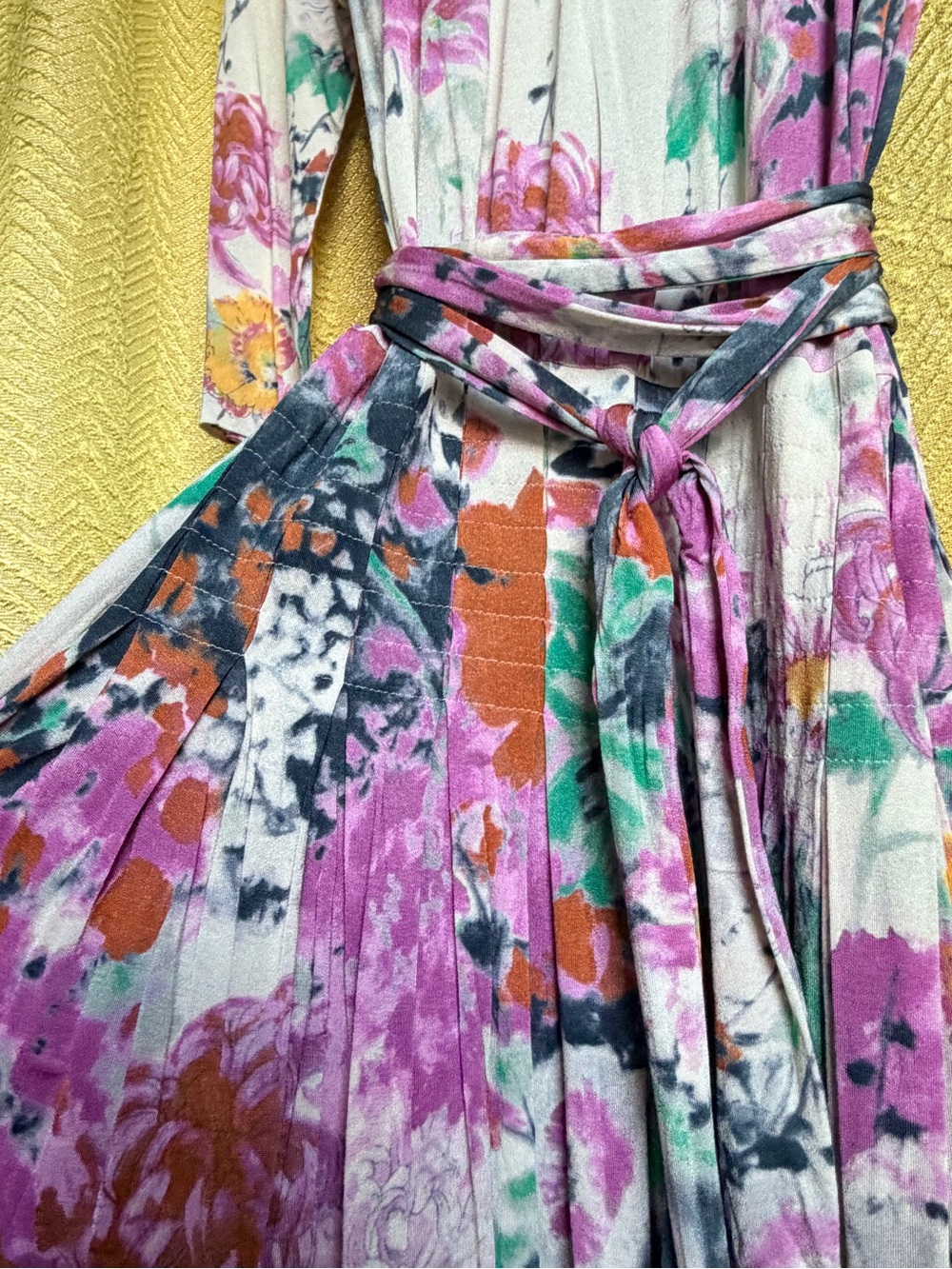 Etro Long-Sleeve Floral Wrap Dress in Pink, Green and Orange